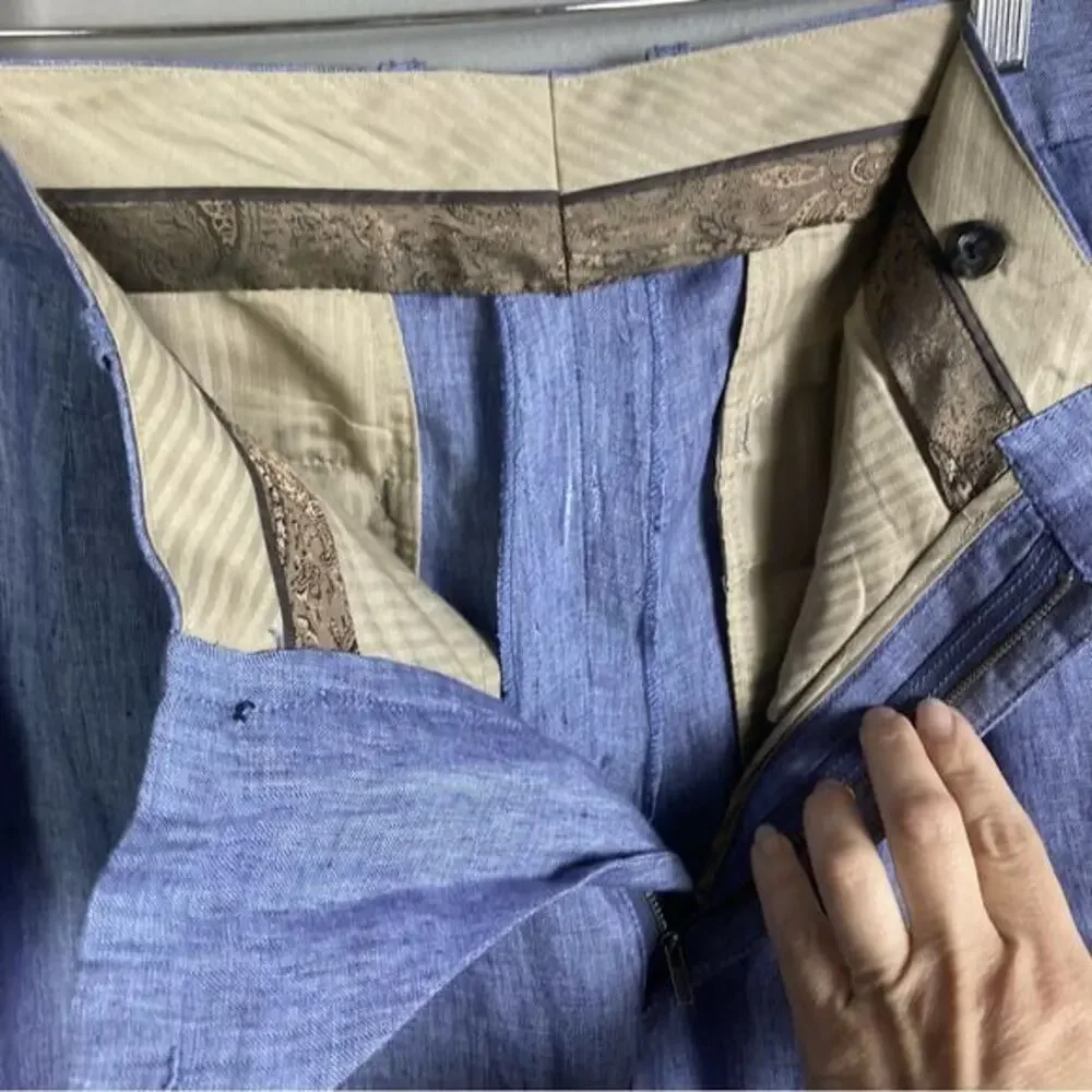 Joseph Abboud linen pants men's 33 light denim‎ blue luxury slim pleated EUC